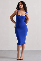 Royal Blue Square-Neck Backless Midi Dress With Cape
